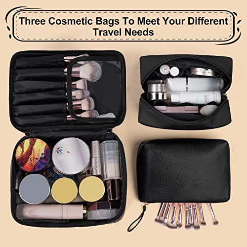 MAANGE Makeup Bag - Large Cosmetic Bag with 2pcs Small Makeup Bags Portable Leather Travel Makeup Bag Set Toiletry Bag Make Up Bags for Women and Girls (Black) - color: Black