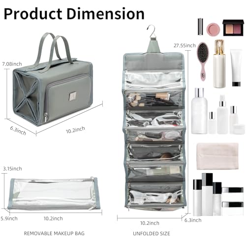 ROYALFAIR Roll Up Makeup Bag, Travel Toiletry Bag for Women with 4 Clear TSA Approved Pouches, Hanging Travel Organizer, Folding Cosmetic Bag for Men and Women (grey) - color: grey
