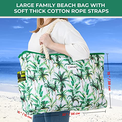 Beach Bag and Pool Bag Has Cooler Pocket, 7 Pockets Total, Zip Top. Family Size Waterproof Beach Tote - color: Palm Leaves