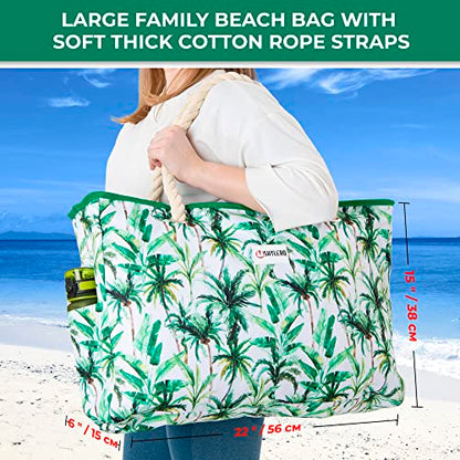 Beach Bag and Pool Bag Has Cooler Pocket, 7 Pockets Total, Zip Top. Family Size Waterproof Beach Tote - color: Palm Leaves