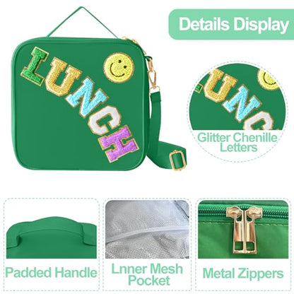 Insulated Lunch Bag With Adjustable Shoulder Strap, Nylon Preppy Lunch Box Large Insulated Lunch Bag Reusable Lunch Tote Bag with Smiley Preppy LunchBag for Girls School Travel Picnic (Dark green) - color: Dark Green