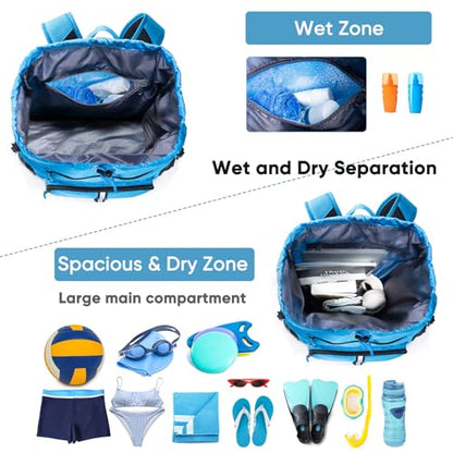 Large Beach Backpack Waterproof Sandproof - Customized Oversized Drawstring Pool Bag with Shoe Compartment for Toiletries, Towels, Gym, Travel - color: Blue