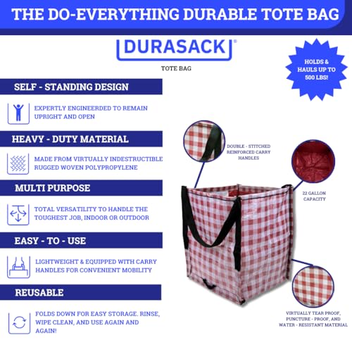 DURASACK Heavy Duty Storage Tote Bag 22-Gallon Rugged Woven Polypropylene Moving Bag, Reusable Self-Standing Design, Holds up to 500 Pounds, Pack of 4, Gingham Red - color: Gingham Red, size: Pack of 4