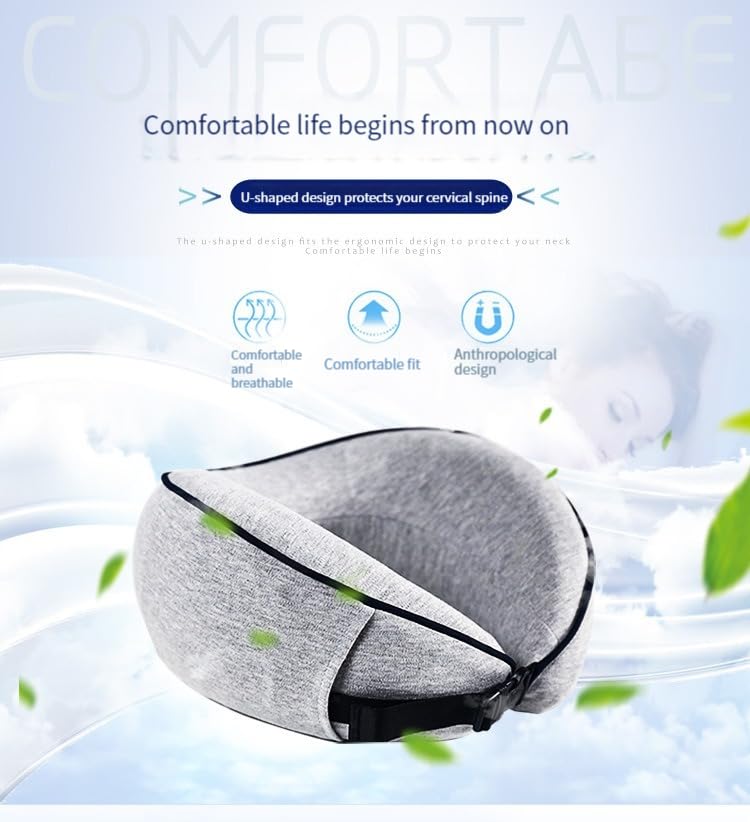 Travel Pillow 100% Pure Memory Foam Neck Pillow, Comfortable & Breathable Cover, Machine Washable, Airplane Travel Kit with 3D Contoured Eye Masks, Earplugs (Grey) - color: Grey