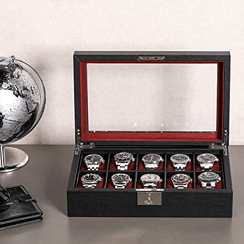 ROTHWELL 10 Slot Leather Watch Box - Luxury Case Display Jewelry Organizer - Locking Watch Display Case Holder with Large Glass Top - Box Organizer for Men and Women (Black/Red) - color: Black / Red