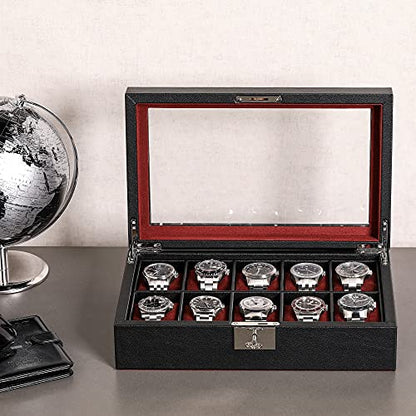 ROTHWELL 10 Slot Leather Watch Box - Luxury Case Display Jewelry Organizer - Locking Watch Display Case Holder with Large Glass Top - Box Organizer for Men and Women (Black/Red) - color: Black / Red