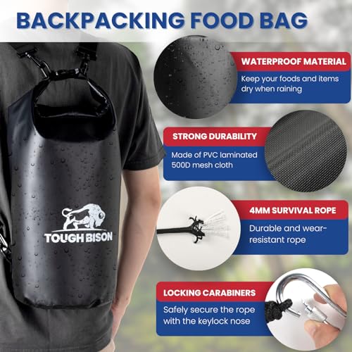 Tough Bison Bear Bag Hanging Kit - 10L Waterproof Bear Proof Food Storage Bag, 2 Straps, Rock Sack & 2 Ropes with 4 Safety Clips for Hiking, Kayaking, Camping, Outdoor Adventures