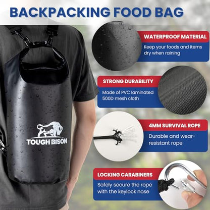 Tough Bison Bear Bag Hanging Kit - 10L Waterproof Bear Proof Food Storage Bag, 2 Straps, Rock Sack & 2 Ropes with 4 Safety Clips for Hiking, Kayaking, Camping, Outdoor Adventures