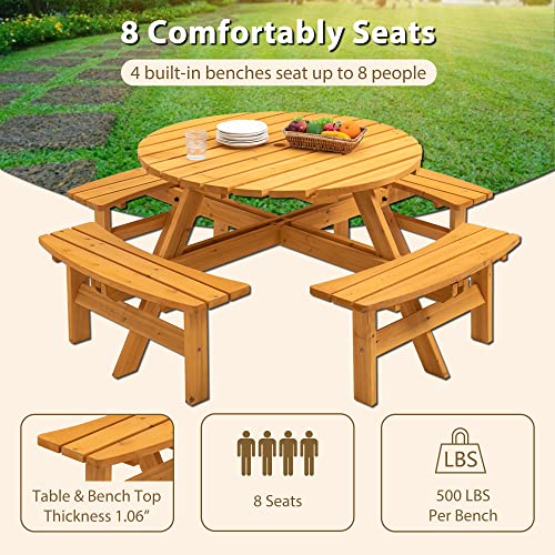 Round 8 Person Wooden Picnic Table Sets Outdoor Camping Dining Table with Seat Garden DIY w/4 Built-in Benches 2220lb Capacity - Natural - color: Natural-8-round