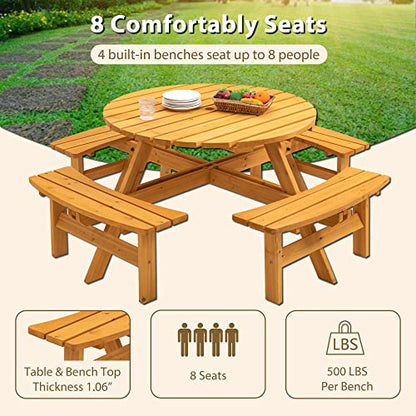 Round 8 Person Wooden Picnic Table Sets Outdoor Camping Dining Table with Seat Garden DIY w/4 Built-in Benches 2220lb Capacity - Natural - color: Natural-8-round
