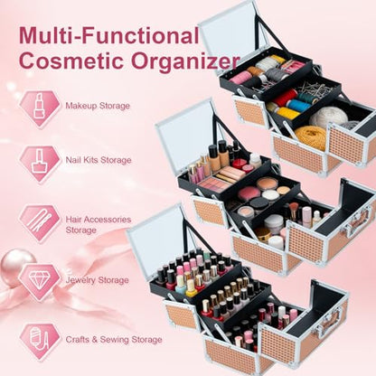 Makeup Train Case, Large Makeup Case with Mirror and Lock, Portable Makeup Box Organizer, 2 Trays Make Up Storage for Travel, Vanity, Cosmetics, Rose Gold