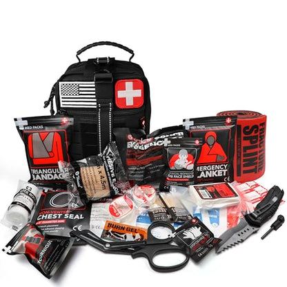 Survival First Aid Kit with Israeli Bandage, Chest Seal, Tourniquet, Splint, Tactical Military Combat Molle IFAK for Wound Care, Bleeding Control, Trauma Hemorrhage and More (Black) - color: Black
