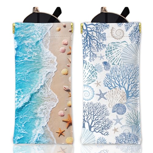 GLOBLELAND 2 Pcs Summer Soft PU Leather Glasses Bag for Sunglasses Watches Phones Makeup Brushes - color: Summer Ocean
