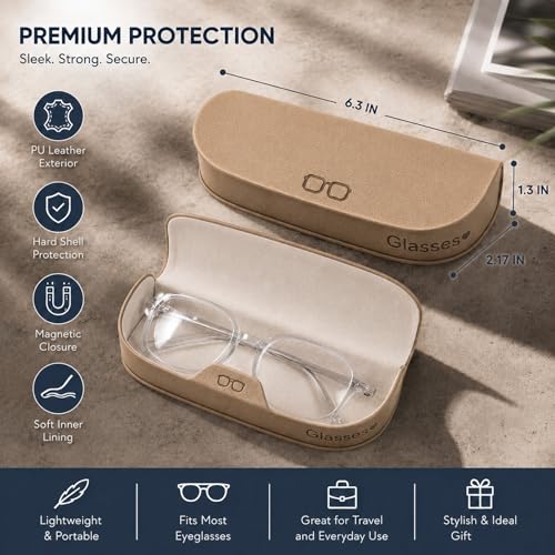 Glasses Case hard shell,3-in-1 Sunglasses Case & Eyeglass Case with Cleaning Cloth & Storage Pouch - color: Beige