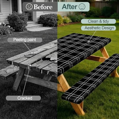 Picnic Table Cover with Bench Covers Camping Essentials Waterproof Windproof Camping Tablecloth with Drawstring Bag, Fitted Rectangle Tables and Seats, 96in, Black Checkered - color: Black Checkered, size: 96in