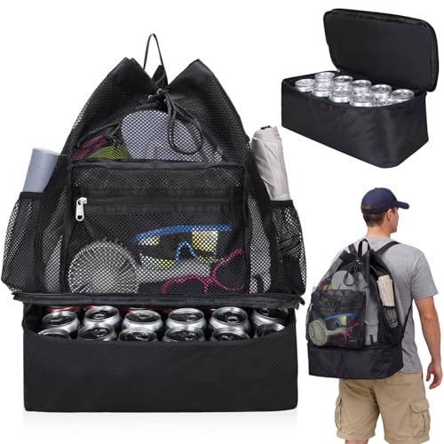 Mesh Beach Drawstring Backpack with Cooler Beach Bags Sandproof Swim Bags Leakproof with Zipper for Seaside Pool Travel - color: Black