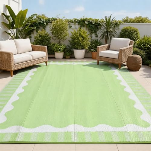 Garvee 8x10 Outdoor Rug, Scalloped Border Waterproof Camping Rugs for Outside Your RV, Modern Plastic Straw Rug, Foldable Reversible UV Resistant Mats for Picnic Backyard Deck Porch, Light Green - color: Bordered|light Green, size: 8' x 10' (Rectangular)