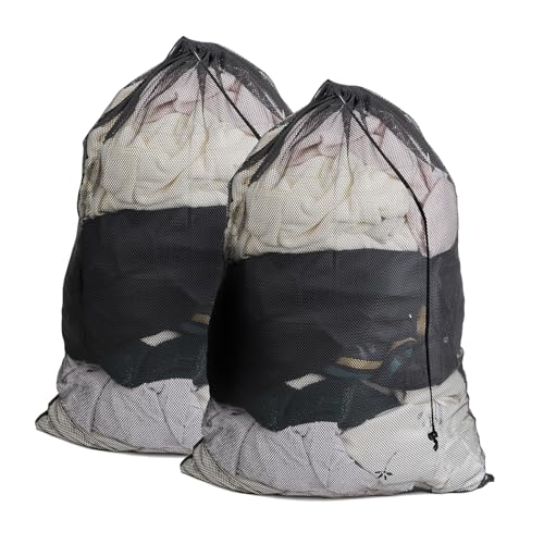 2 Pack Mesh Laundry Bags,24 x 35 Inches Heavy Duty Drawstring Dirty Clothes Bag for Camp,College,Dorm,Travel,Family,Apartment Dwellers,RV & Cruise Essentials(Black)