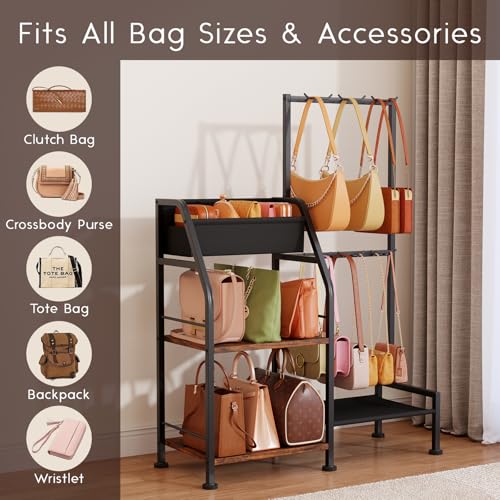 Homsorout Purse Organizer for Closet - Purse Rack Stand with 12 Hooks, 2 Wooden Shelves Purse Storage for Closet, Large Capacity Backpack Storage, Handbag Organizer for Home, Living Room, Black - color: Black