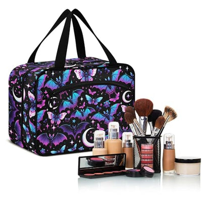MNSRUU Hanging Toiletry Bags for Women Travel, Neon Purple and Bats Stars and Moons Toiletry Organizer Portable Travel Clear Wash Makeup Cosmetic Bag - color: Bats A8889