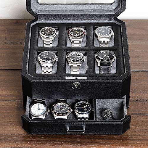 ROTHWELL Gift Set 6 Slot Leather Watch Box and 2 Watch Travel Case - Luxury Case Organizer, Microsuede Liner, Locking Mens Jewelry Watches Holder, Storage Boxes Glass Top (Black/Grey Gift Set) - color: 6 Slot - Black/Grey Gift Set