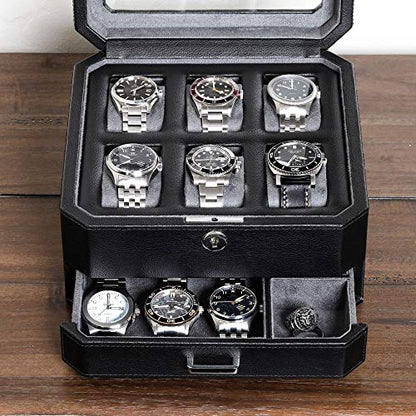 ROTHWELL Gift Set 6 Slot Leather Watch Box and 2 Watch Travel Case - Luxury Case Organizer, Microsuede Liner, Locking Mens Jewelry Watches Holder, Storage Boxes Glass Top (Black/Grey Gift Set) - color: 6 Slot - Black/Grey Gift Set