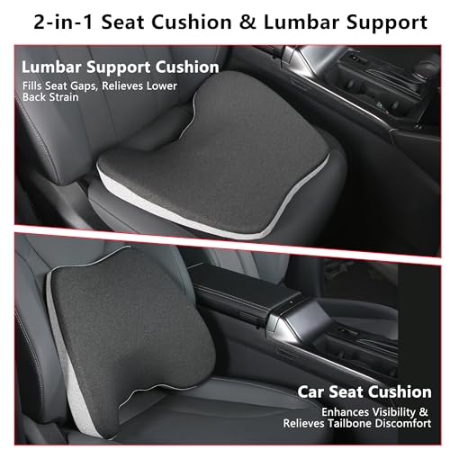 2 in 1 Car Seat Cushions or Lumbar Support Pillow for Driving, Memory Foam Truck Seat Pad for Office Chair, Sciatica & Lower Back Pain Relief, Grey
