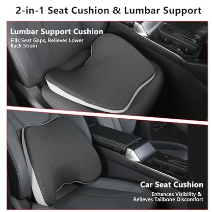 2 in 1 Car Seat Cushions or Lumbar Support Pillow for Driving, Memory Foam Truck Seat Pad for Office Chair, Sciatica & Lower Back Pain Relief, Grey