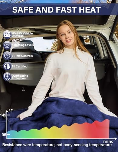 Car Heated Blanket, 12/24V Portable Heated Blanket for Car, Machine Washable Flannel Travel Blanket, 3 Heating Levels, 60x44 Inches, 4-in-1 Design, Convenient for Camping,Navy Blue - color: Pro Navy Blue
