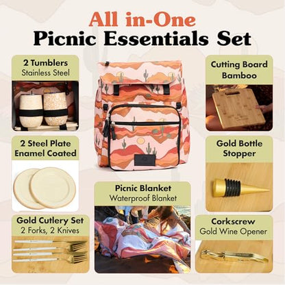 Lax & Daisy Travel Picnic Backpack for 2 Persons - 14 Piece Set Cooler Bags Insulated for Beach, Camping, Hiking & Parks with Blanket, Tumblers, Plates, Gold Cutlery & Cutting Board (Cactus Print) - color: Desert Daze