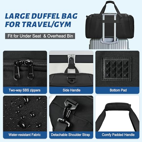 Wohlbege Travel Duffel Bag 55L, Carry On Gym Bag with Shoe Compartment & Wet Pocket, Water Resistant Weekender Overnight Bag with Luggage Sleeve for Men Women