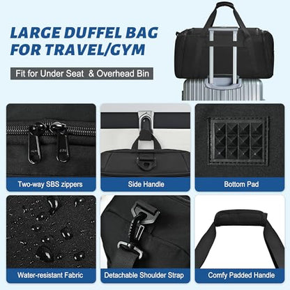 Wohlbege Travel Duffel Bag 55L, Carry On Gym Bag with Shoe Compartment & Wet Pocket, Water Resistant Weekender Overnight Bag with Luggage Sleeve for Men Women