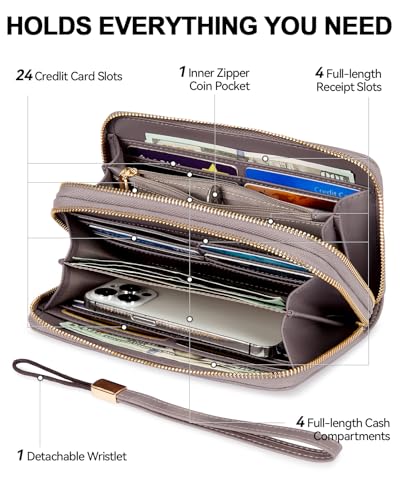 BOSTANTEN Wallets for Women Leather RFID Double Zipper Around Credit Card Holder Large Capacity Wristlet Clutch Wallet - color: Purple