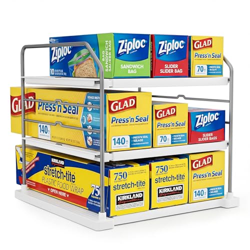 EVERIE Extendable 3-Tier Kitchen Cabinet & Pantry Organizer for Plastic Wrap, Foil & Storage Bags, Adjustable Heavy Duty Shelf Rack for Wrap Boxes, Jars & Snack Boxes (11–16.7 in Wide), Pack of 1 - color: Pack of 1