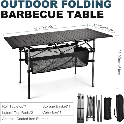 WUROMISE Lightweight Aluminum Folding Camping Table (47” x 21.65” x 26.7”), Portable Roll-Up Design for Outdoor, Camping, Beach, BBQ, Patio, and Picnic, Durable & Waterproof with Carrying Bag - size: Large