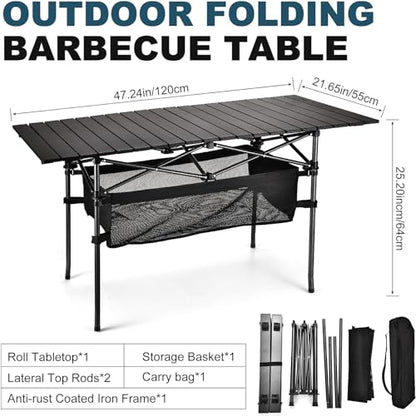 WUROMISE Lightweight Aluminum Folding Camping Table (47” x 21.65” x 26.7”), Portable Roll-Up Design for Outdoor, Camping, Beach, BBQ, Patio, and Picnic, Durable & Waterproof with Carrying Bag - size: Large