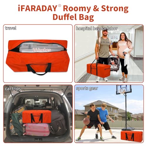 iFARADAY Foldable Duffle Bag for Travel - 75L Large Spare Travel Duffel Bag Lightweight with Trolley Sleeve - Orange - color: Orange-75L(with trolley sleeve)