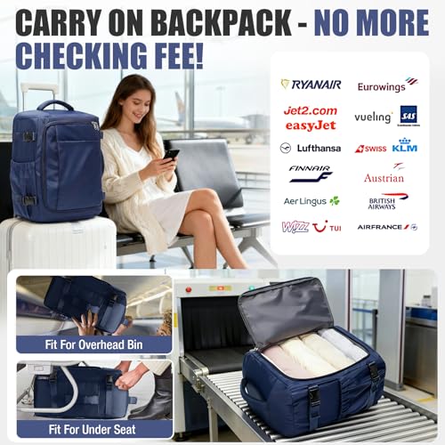 suwasp Travel Backpack for Women Men, Ryanair Backpack 40x30x20CM Airline Approved Personal Item Travel Bag, Carry On Backpack Fits 14 Inch Laptop, 180° Opening, Fits Flight Underseat, Navy Blue - color: Navy Blue
