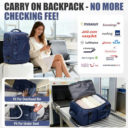 suwasp Travel Backpack for Women Men, Ryanair Backpack 40x30x20CM Airline Approved Personal Item Travel Bag, Carry On Backpack Fits 14 Inch Laptop, 180° Opening, Fits Flight Underseat, Navy Blue - color: Navy Blue