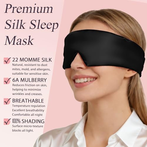 Silk Sleep Eye Mask for Side Sleeper Men Women, Eye Mask Sleeping 100% 22 Momme Pure Mulberry Silk for Night Sleep,Travel, Face-Hugging Padded Eye Cover for Sleeping with Adjustable Band-Black - color: Black
