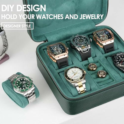 Watch Travel box Real Top-grain Leather, 6 Watches Storage Organizer Roll Case for Man and Women, Leather Packing Box with Suede to Protection Zipper Fit All Watches Up to 60mm (6W-Z-GRL) - color: 6W-Z-GRL