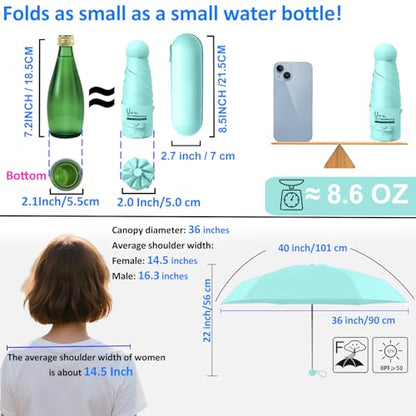 BAODINI Travel Essentials Mini Umbrella for Purse With Case Small Compact UV Sun Protection Lightweight Tiny Pocket Manual Open Close Umbrella for Women Kids and Men Fits Purse Backpack - color: E-1-Green