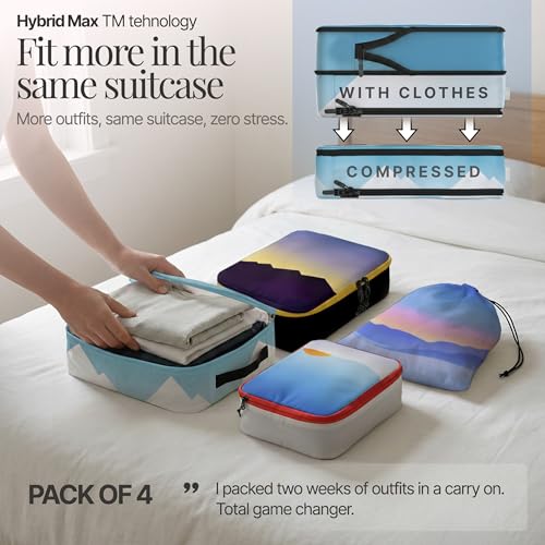 4-Piece Luxury Compression Packing Cubes & Bags for Travel – Maximize Space in Luggage with HybridMax Double-Capacity Design, 50 Luggage Tags, Patented Suitcase Organizer Bags, Lifetime Satisfaction - color: Vistas, size: 4-piece