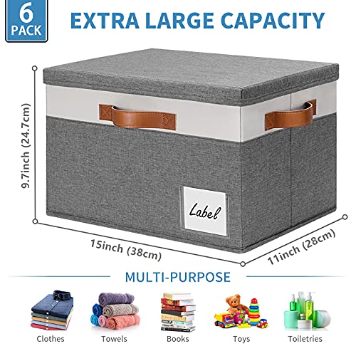 GhvyenntteS 6 Pack Fabric Storage Bins with Lid, Large Closet Storage Bins with Lid and 3 PU Handles, Foldable Fabric Storage Boxes with Label Window for Home Bedroom Office (Grey, Large) - color: Grey with White, size: Large-6 Pack