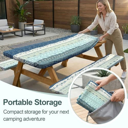 Picnic Table Cover with Bench Covers Camping Essentials Waterproof Windproof Camping Tablecloth with Drawstring Bag, Fitted Rectangle Tables and Seats, 72in, Bohemian - color: Bohemian, size: 72in