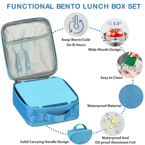 Bento Lunch Box Set for Kids with 8oz Soup Thermo, Leak-Proof Lunch Containers with 4 Compartment, Kids Thermo Hot Food Jar and Insulated Lunch Bag for Kid to School-Blue - color: Blue