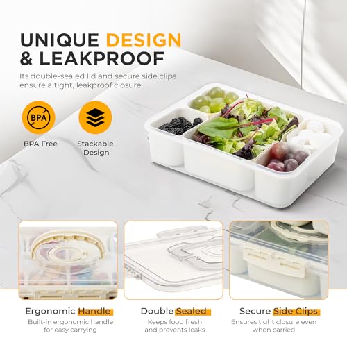 Snackle Box Container with Multi Compartments & Rotary Date Dial - Divided Serving Tray with Lid & Handle -Snack Organizer for Travel, veggies, Nut, fruit, Picnic & party - Dishwasher &Microwave safe
