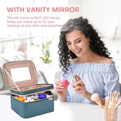 HXLGMD Large Makeup Bag with Mirror Double Layer Travel Make Up Organizer Case, Large Capacity Coemetic with Brush Slot Divider, Travel Toiletry Bag for Women (Lake Blue) - color: Lake Blue