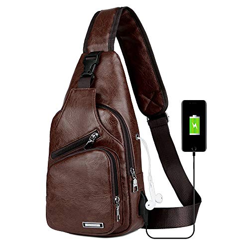 Peicees Leather Sling Bag Mens Crossbody Bag Chest Bag Sling Backpack for Men with USB Charge Port - color: Dark Brown, size: Medium