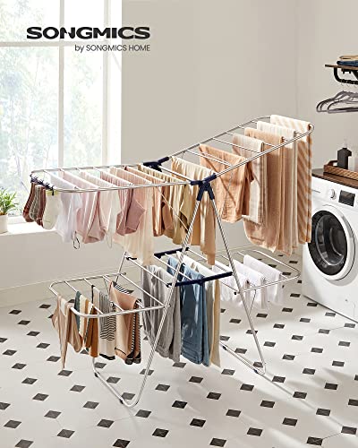 SONGMICS Clothes Drying Rack, Foldable 2-Level Laundry Drying Rack, Free-Standing Laundry Airer, with Height-Adjustable Wings, 33 Drying Rails, Sock Clips, Silver and Blue ULLR53BUV1 - color: Silver + Blue, size: 2 Tiers（22"d x 61.8"w x 64.3''h )